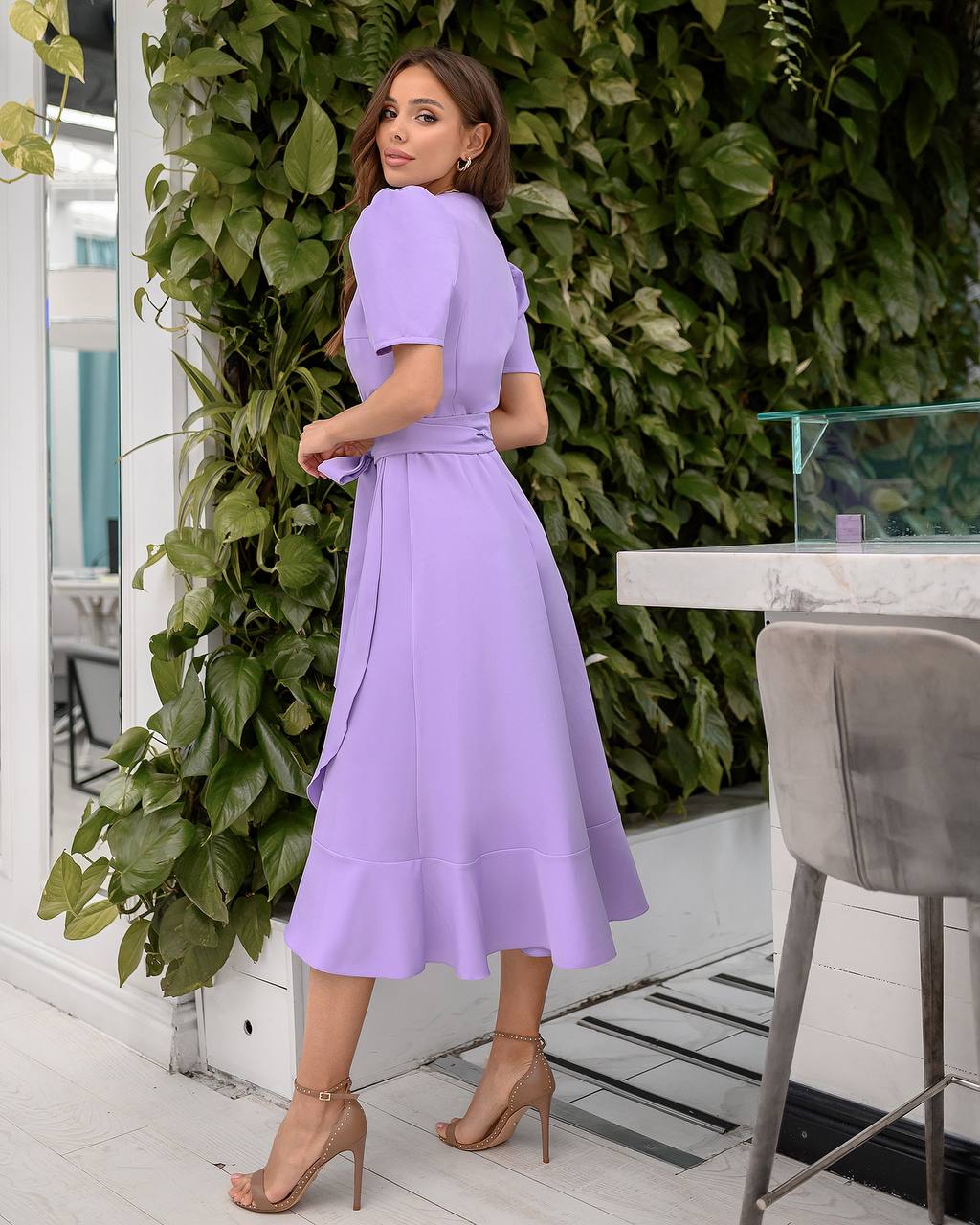 Lavender Wrap Short Sleeve Midi Dress