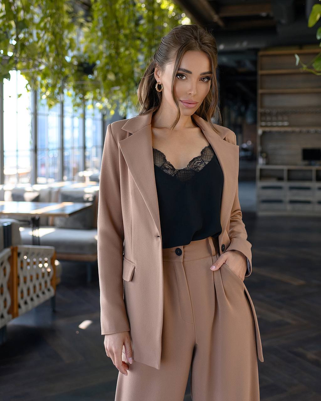 Camel Belted Wide-Leg Suit 2-Piece