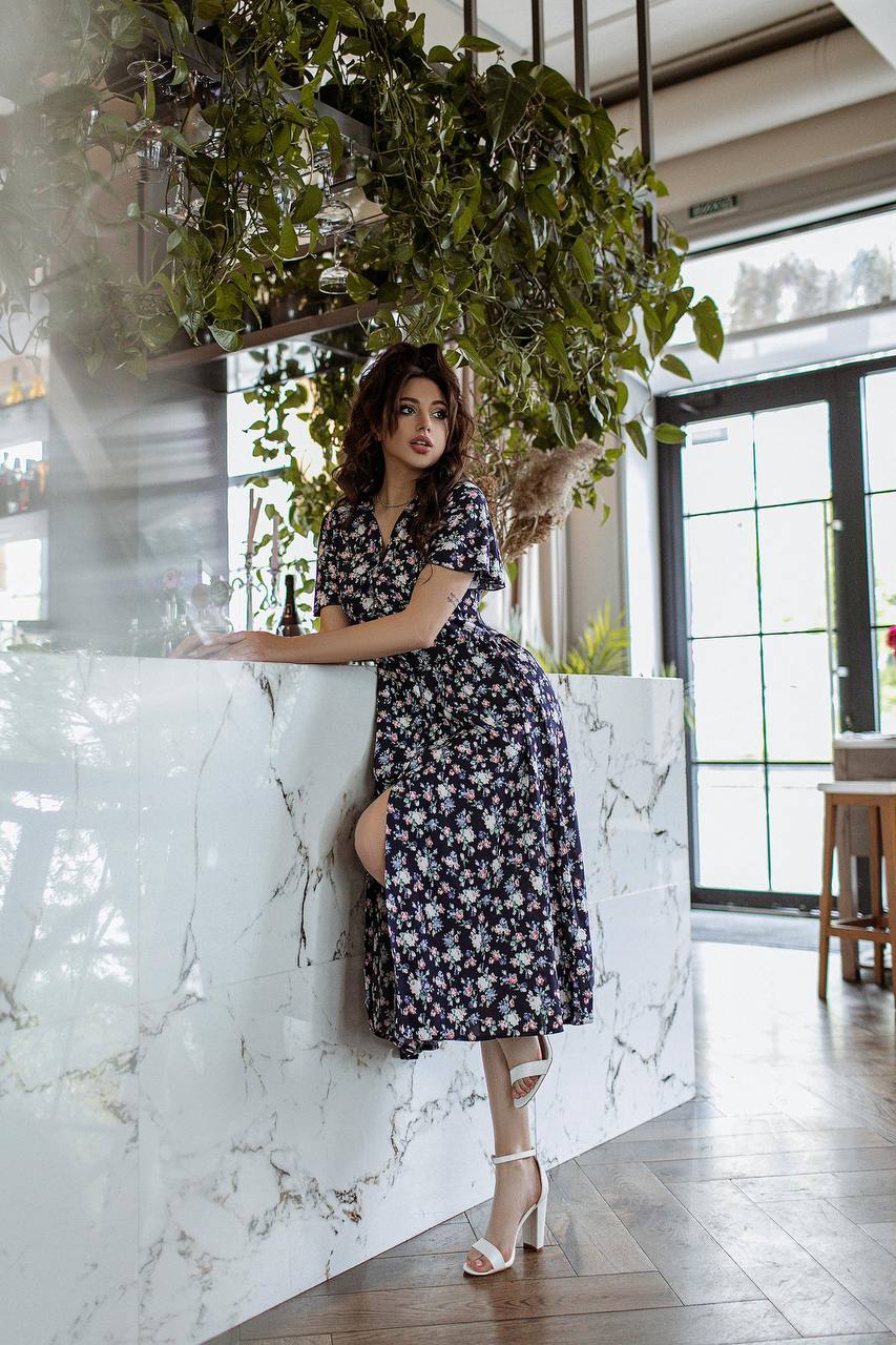 Navy Floral-Print Midi Dress