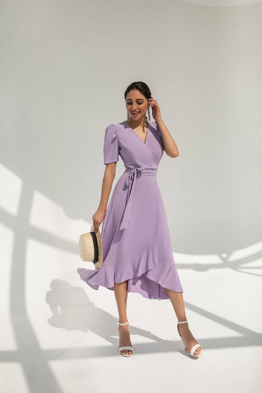 Lavender Wrap Short Sleeve Midi Dress