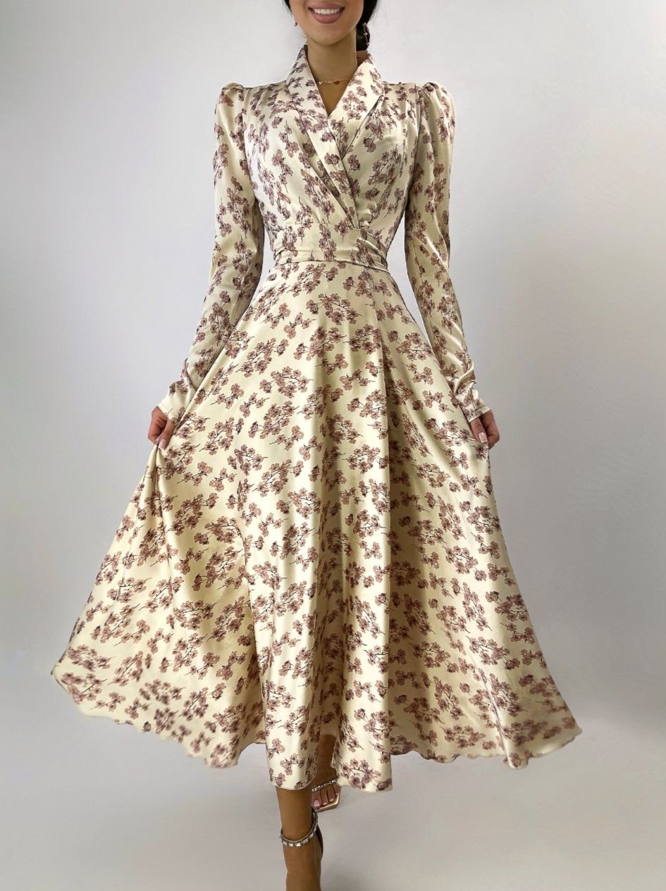 Beige Floral-Print Wrap Midi Dress