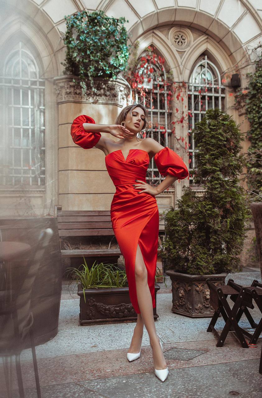 Red Satin Puff-Sleeve Midi Dress – ELAGIA