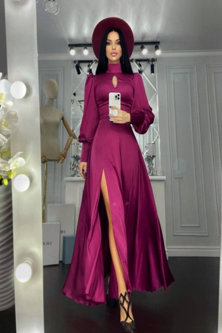 Bordeaux Puff-Sleeve Turtleneck Maxi Dress