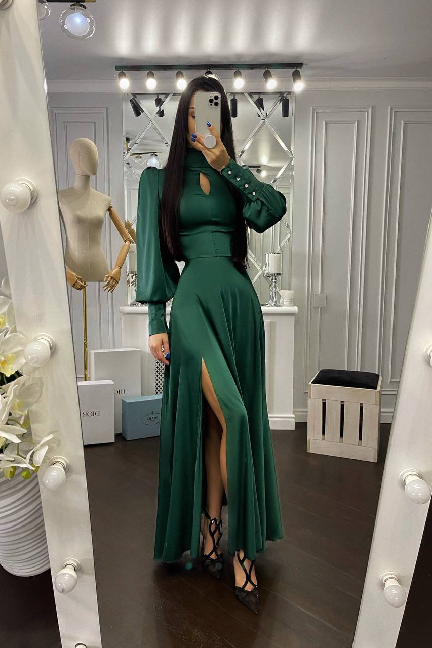 Emerald Puff-Sleeve Turtleneck Maxi Dress