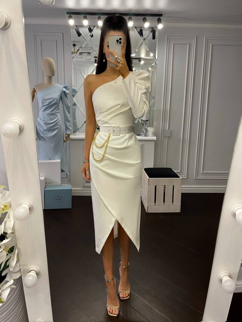 White One-Shoulder Tulip Midi Dress