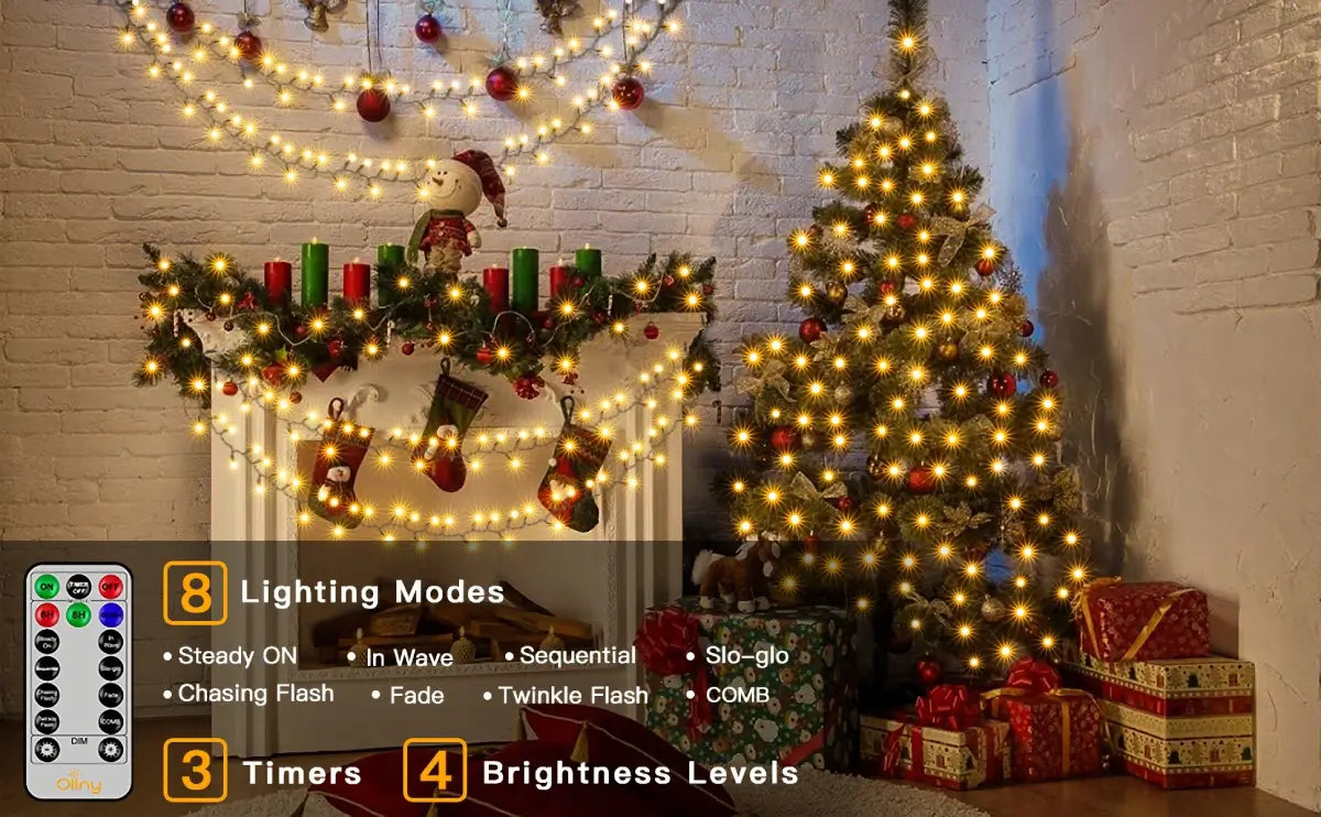 Instructions of 8 lighting modes, 3 timer functions and 4 brightness levels for Ollny's 1000 leds warm white Christmas cluster lights