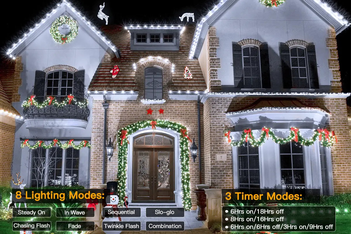 Features of Ollny's 800 leds cool white IP67 waterproof Christmas lights