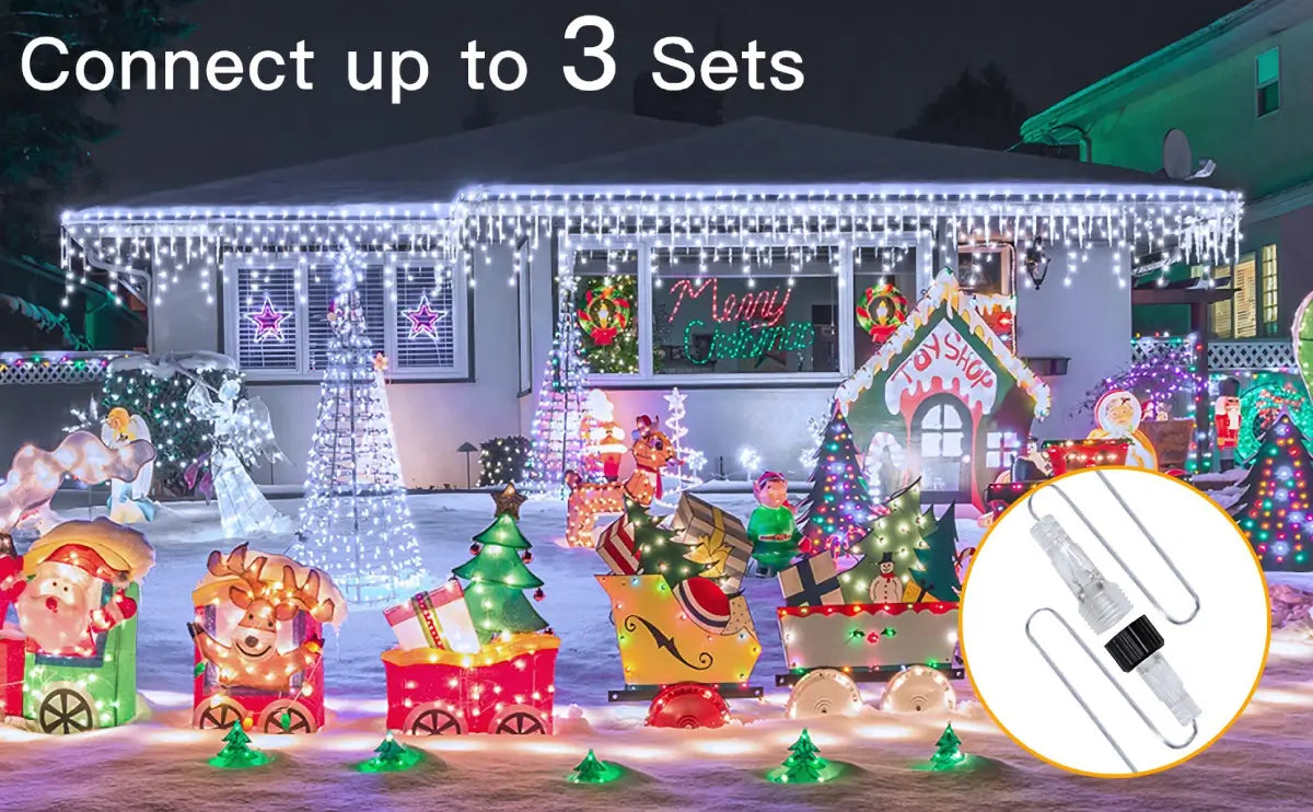 Ollny's 396 led 32ft cool white icicle lights can connect up to 3 sets