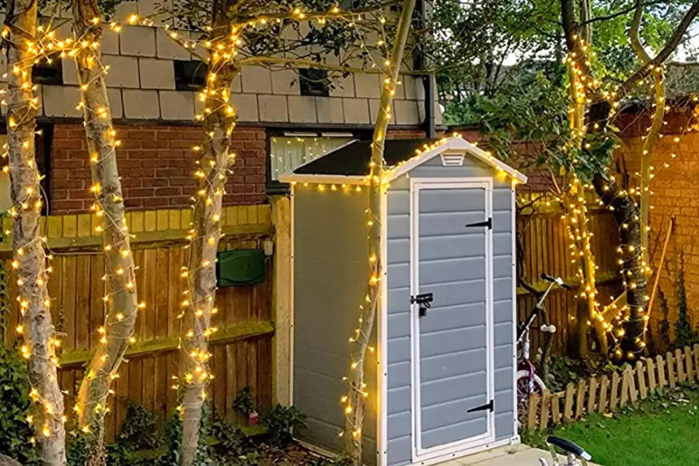 Red shed string lights shop