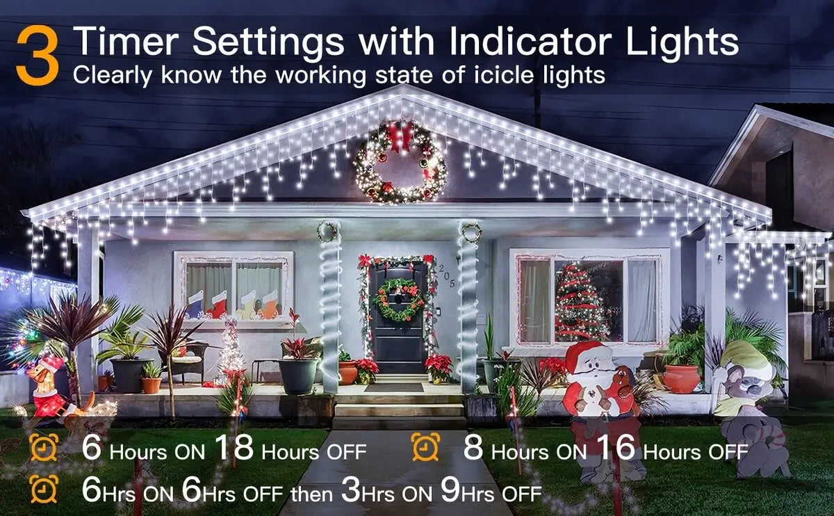 Details of Ollny's 486 leds cool white icicle lights timer function