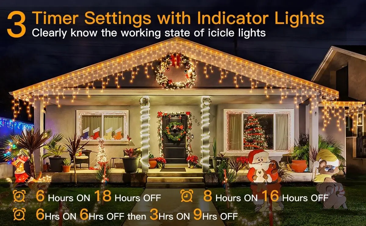 Details of Ollny's 486 leds warm white icicle lights timer function