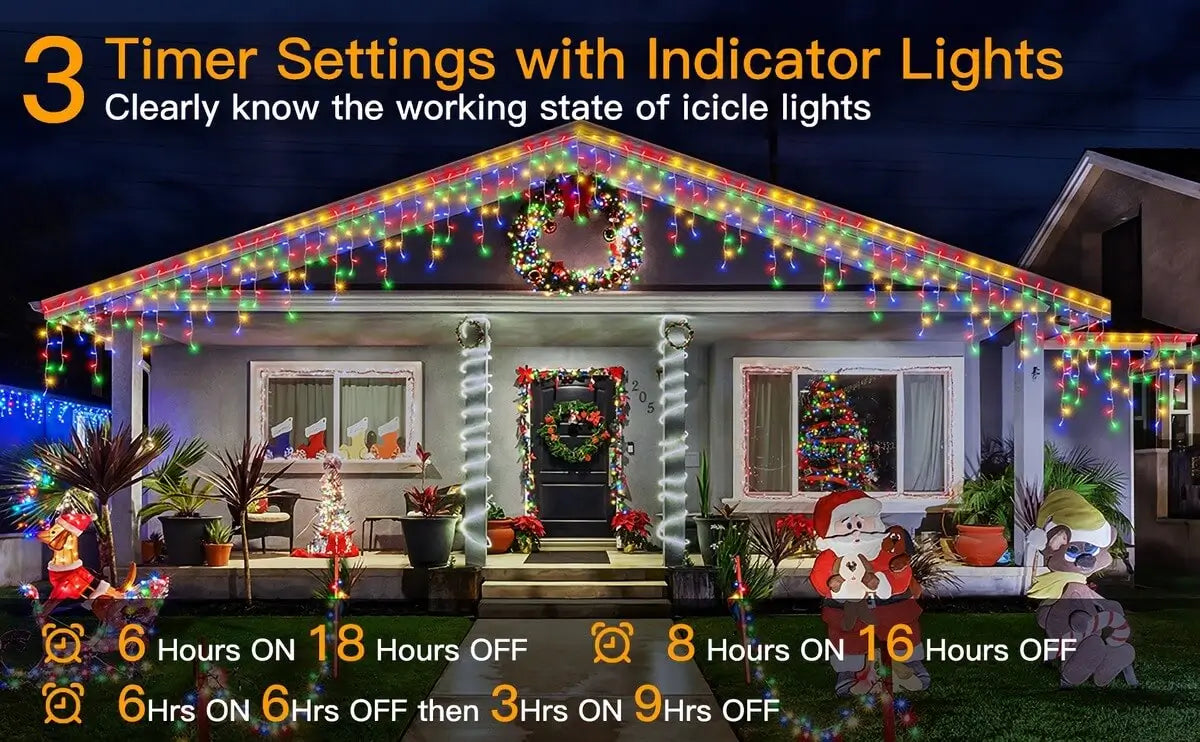 Details of Ollny's 486 leds multicolor icicle lights timer function