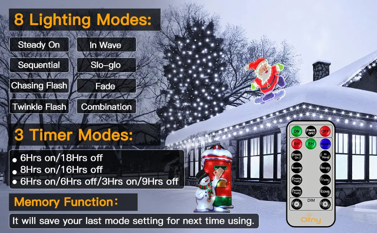 Instructions of 8 lighting modes, 3 timer functions and 4 brightness levels for Ollny 600 leds green wire cool white Christmas lights remote control