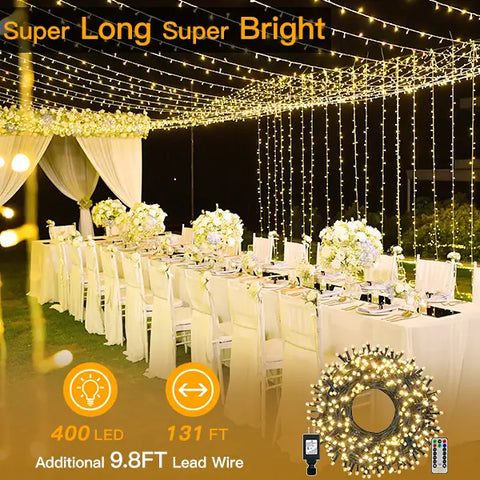 Ollny's 400 leds green cable warm white string lights are super long and super bright - mobile size