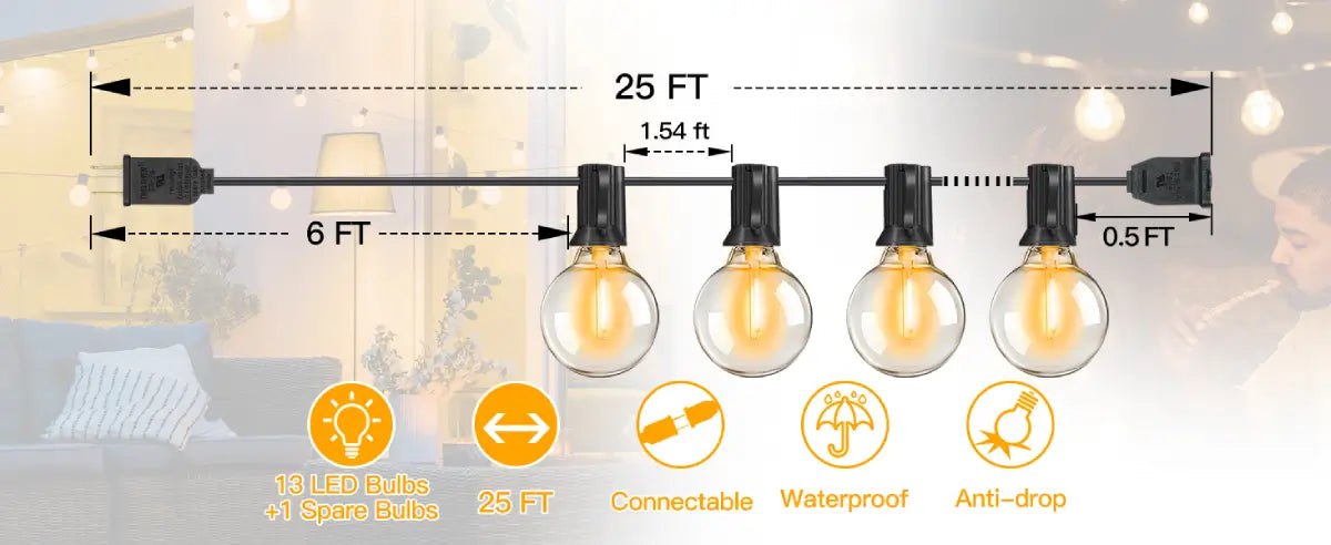 Features of Ollny's 25ft G40 outdoor string lights