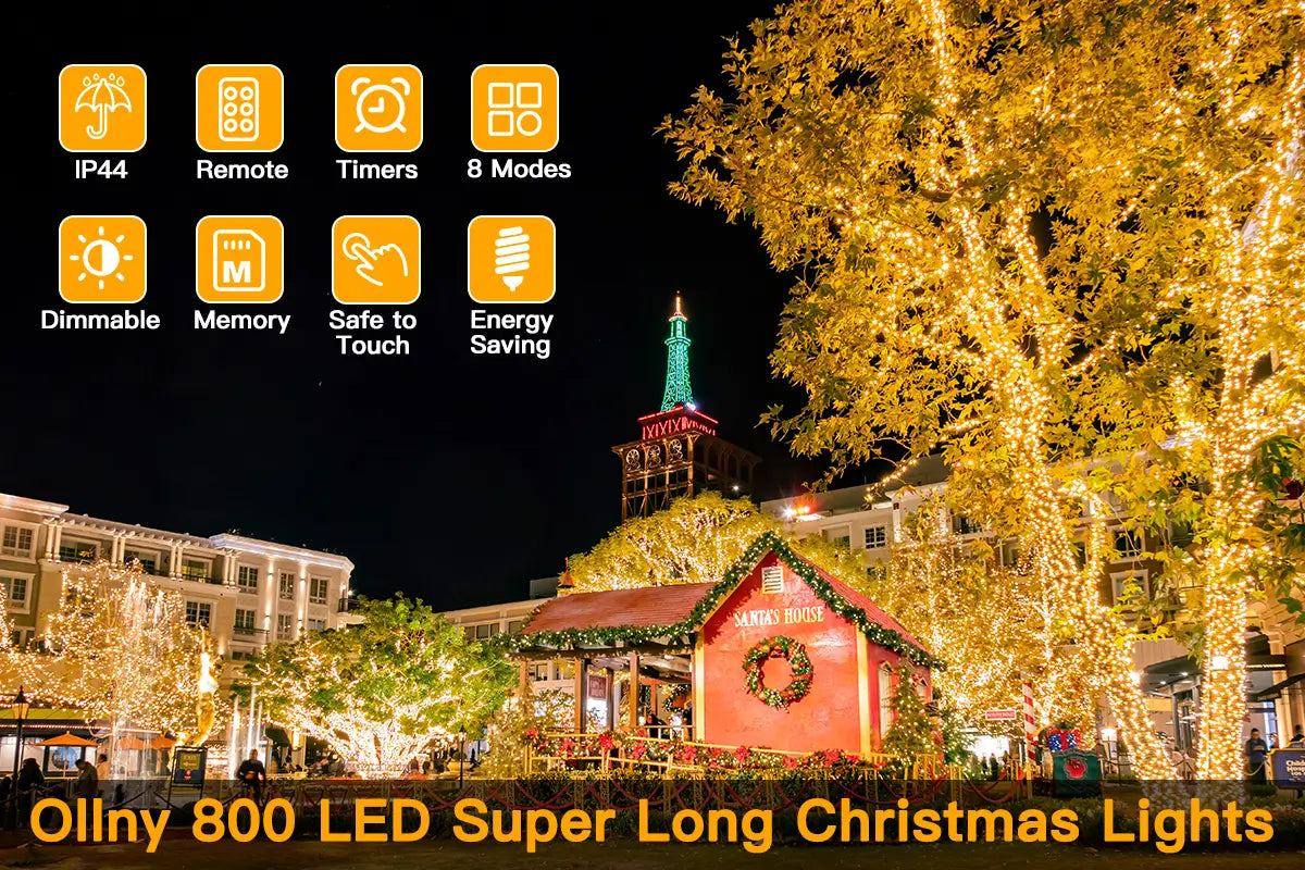 Features of Ollny's 800 leds 262ft warm white Christmas lights