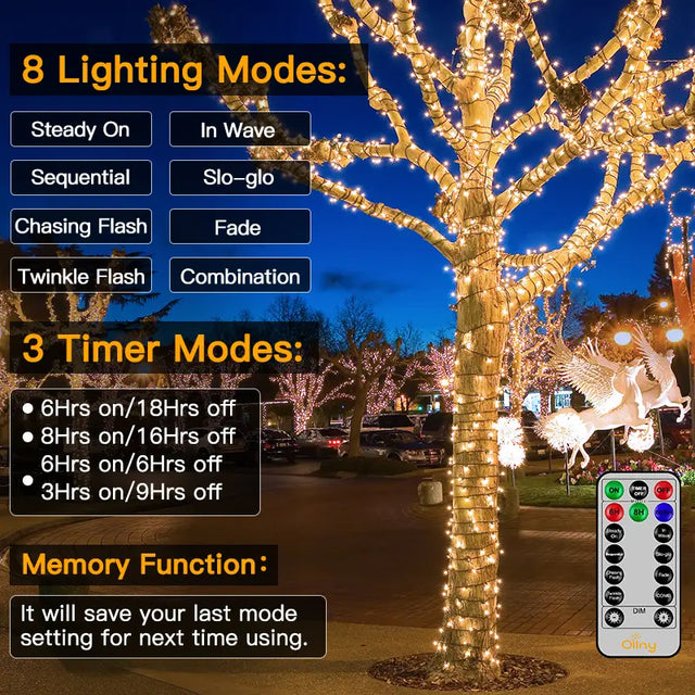 Ollny's 800 leds 262ft green cable warm white string lights with 3 timer functions