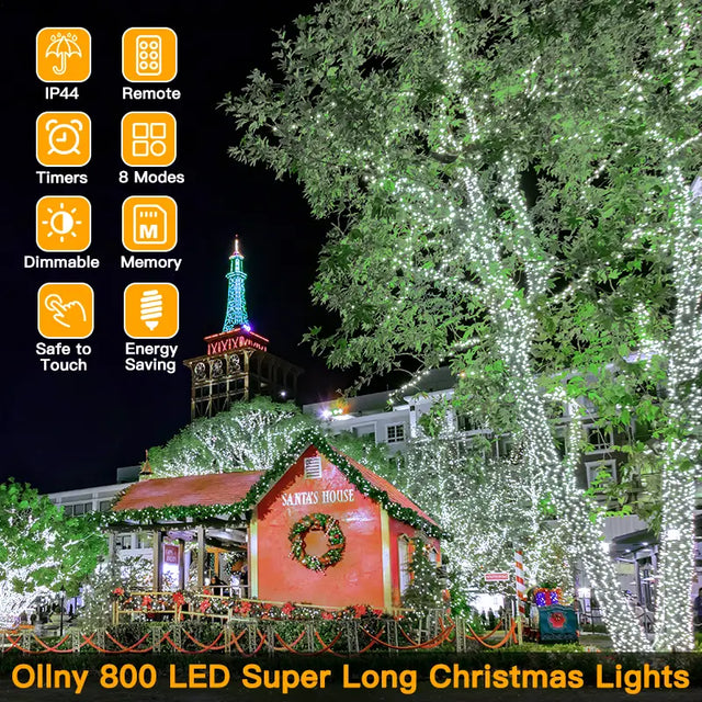 Features of Ollny's 800 leds green cable cool white string lights