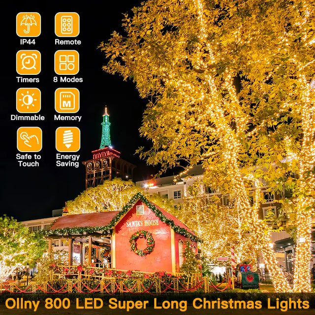 Ollny Outdoor String Lights 800LED 262FT, Waterproof Led Fairy Light with  Remote Plug in 8 Modes, Warm White Christmas Lights for Outside Indoor