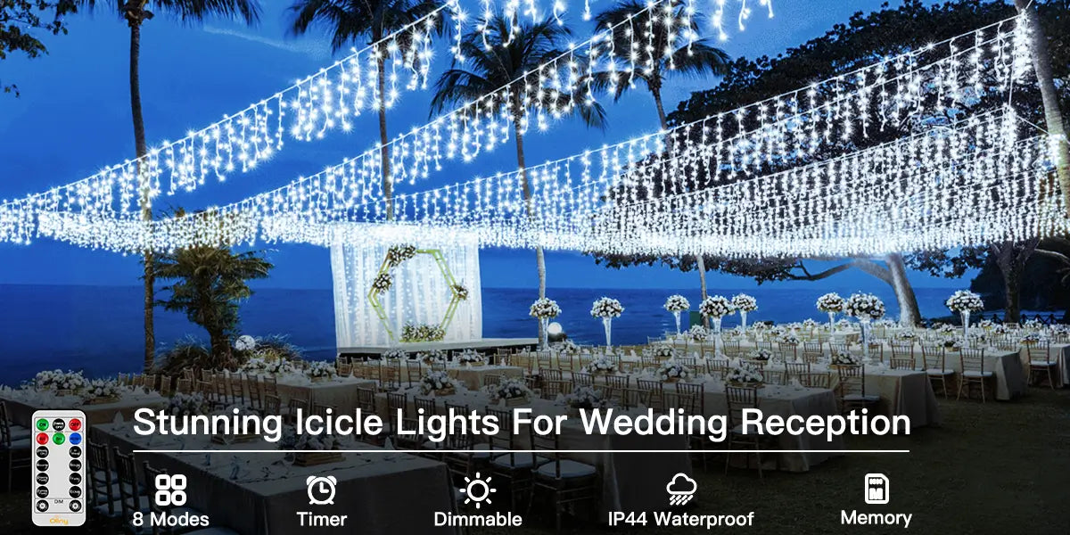 Features of Ollny's 594 leds cool white wedding icicle lights - desktop size