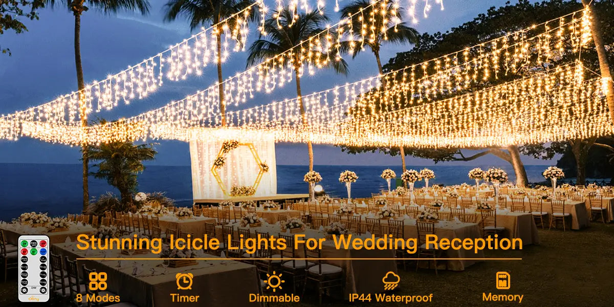 Features of Ollny's 594 leds warm white wedding icicle lights - desktop size