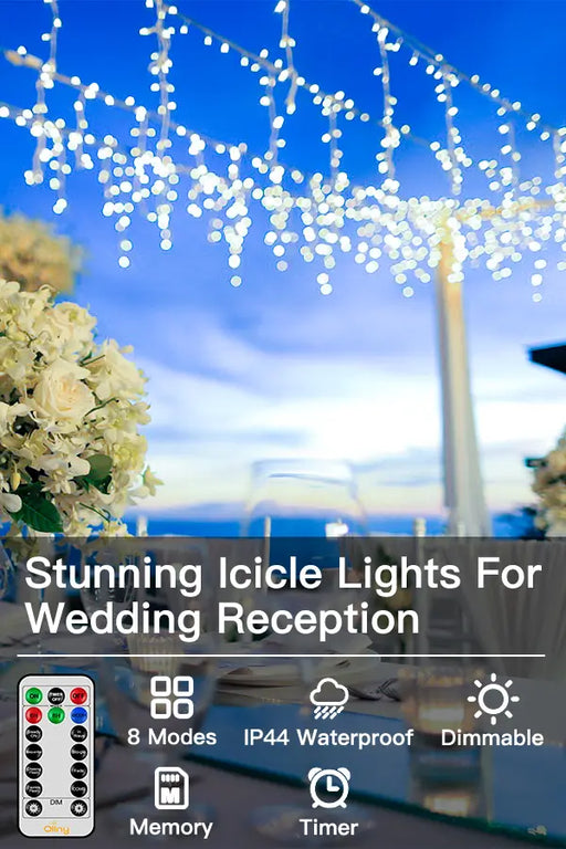 Features of Ollny's 594 leds cool white wedding icicle lights - mobile size