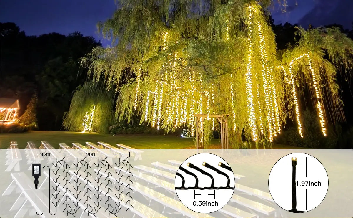 Length instructions for Ollny's 400 leds warm white wedding cluster lights - desktop size