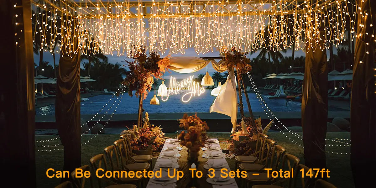 Ollny's 594 leds warm white wedding icicle lights can be connect up 3 sets - desktop size