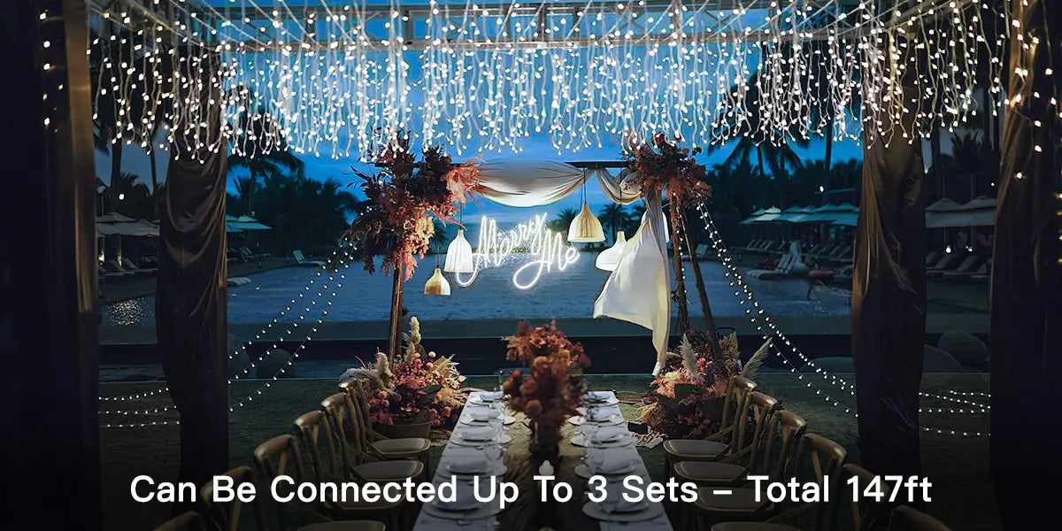 Ollny's 594 leds cool white wedding icicle lights can be connect up 3 sets - desktop size