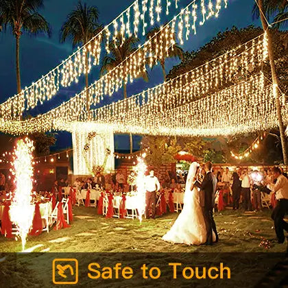 Ollny's 594 leds warm white wedding icicle lights are safe to touch