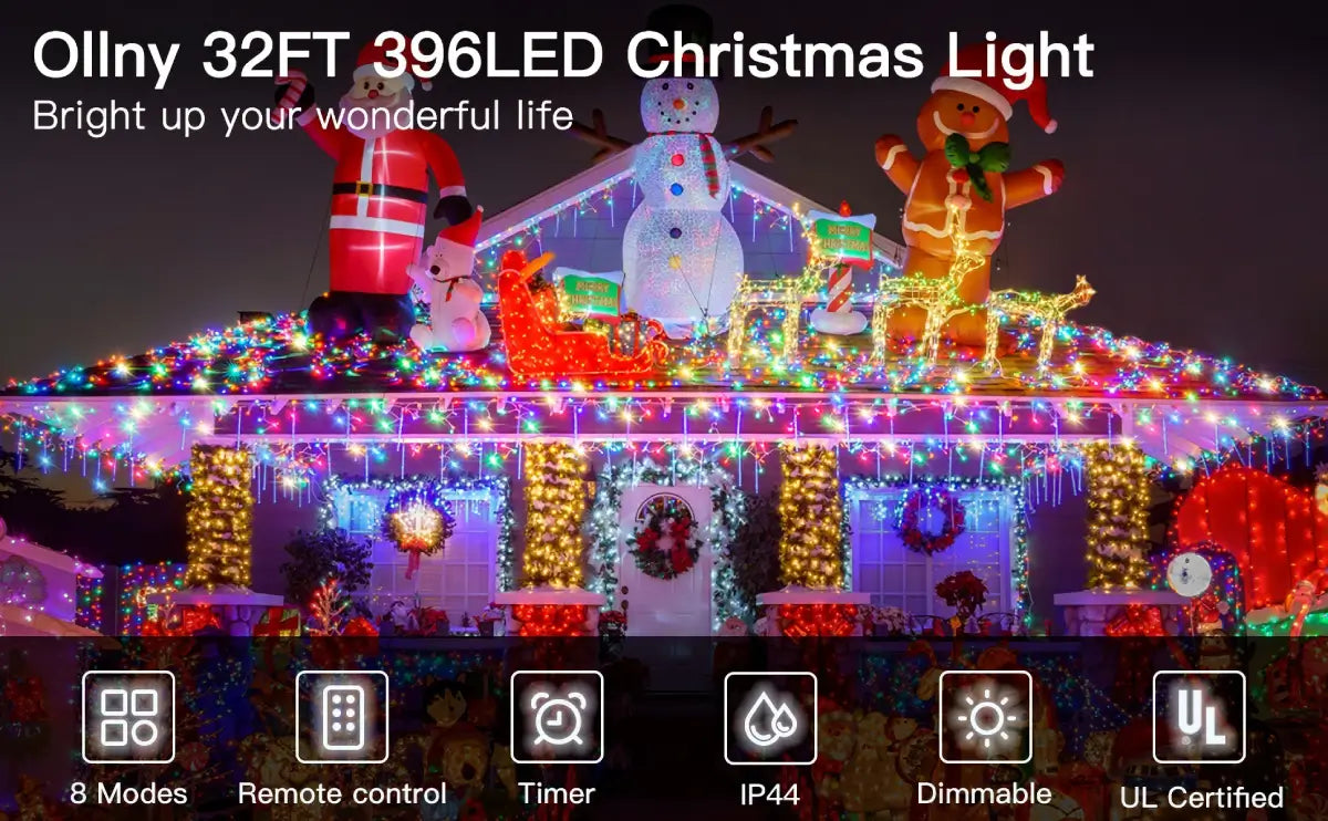 Features of Ollny's 396 led 32ft multicolor icicle lights