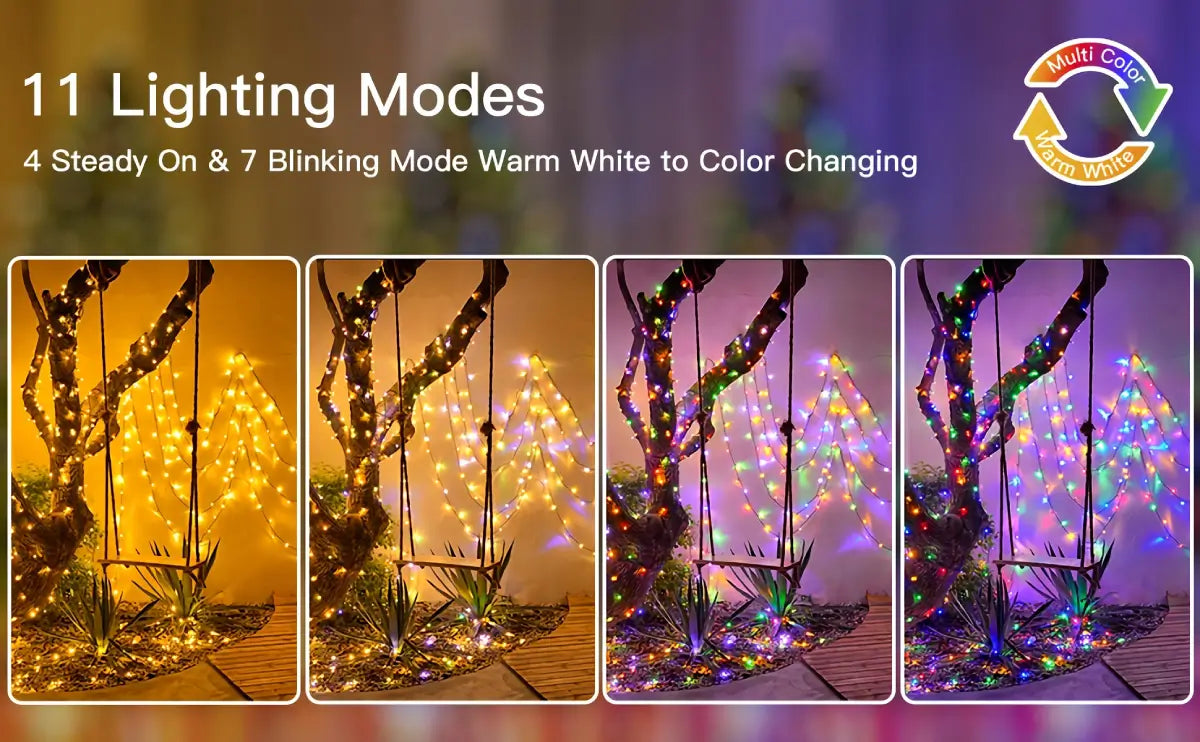 Ollny's 400 leds string lights feature warm white and 3 different multicolors