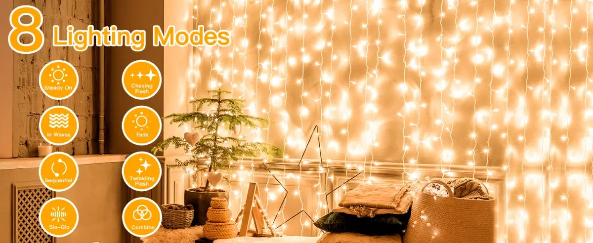 Ollny's 300 leds warm white curtain lights with 8 lighting modes