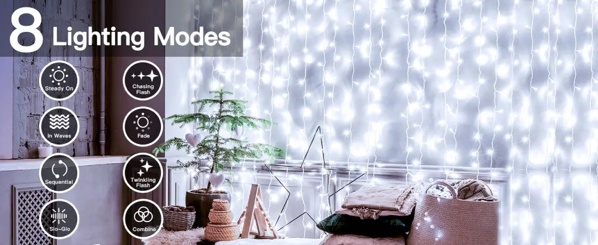 Ollny's 300 leds cool white curtain lights with 8 lighting modes