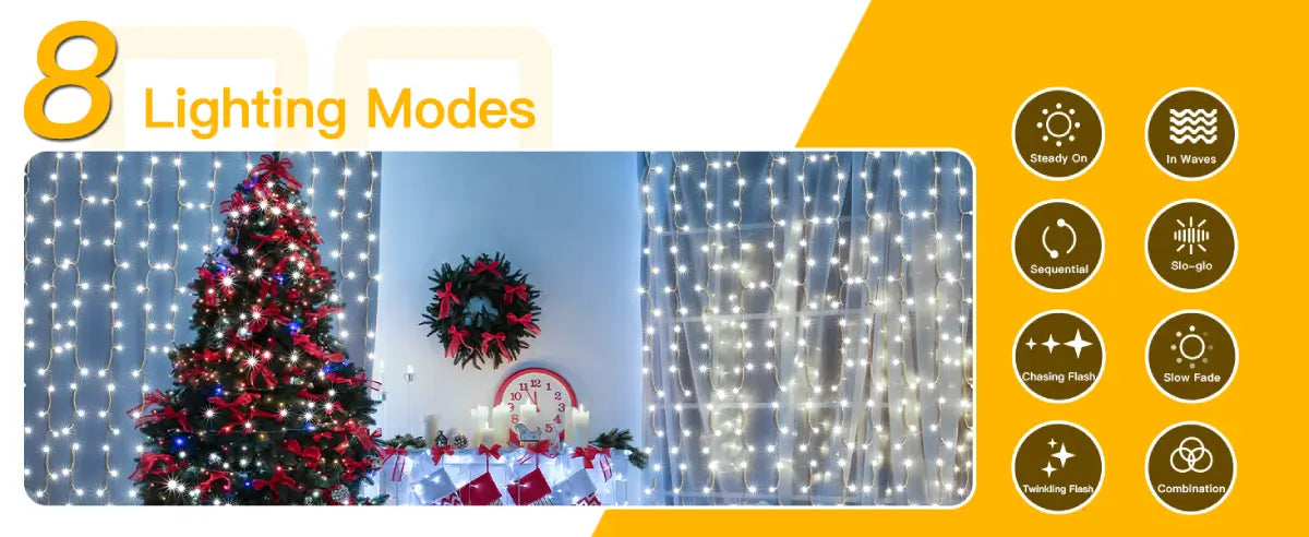 Ollny's 200 leds cool white curtian lights with 8 lighting modes