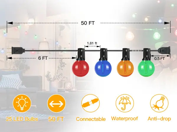 Features of Ollny's 50ft G40 outdoor string lights