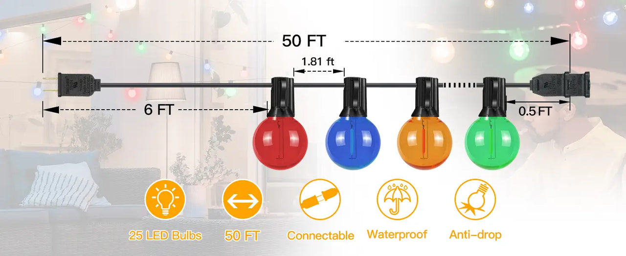 Features of Ollny's 50ft G40 outdoor string lights