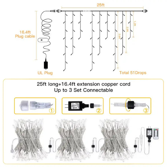 Ollny's 306 leds warm white/multicolor icicle lights length dimensions and instructions on how to connect it