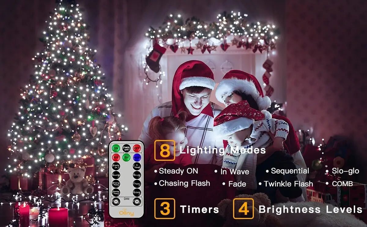 Instructions of 8 lighting modes, 3 timer functions and 4 brightness levels for Ollny 1000 leds cool white Christmas lights remote control