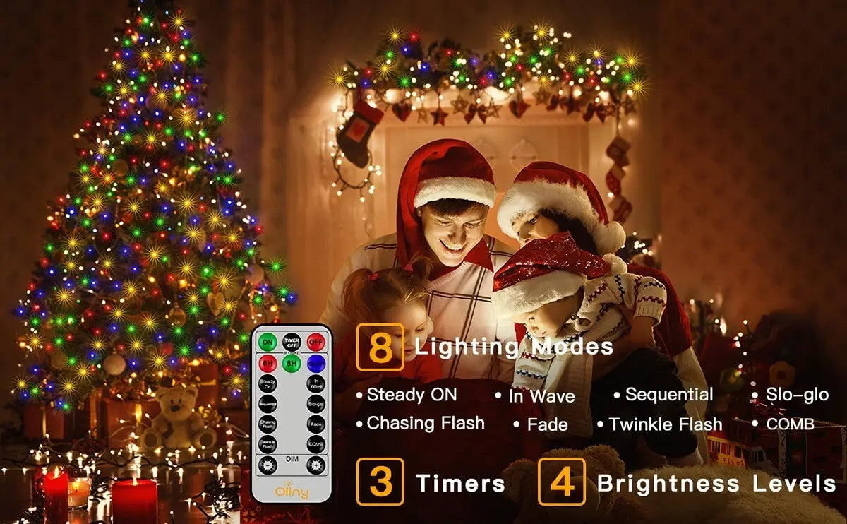 Instructions of 8 lighting modes, 3 timer functions and 4 brightness levels for Ollny 1000 leds multicolor Christmas lights remote control