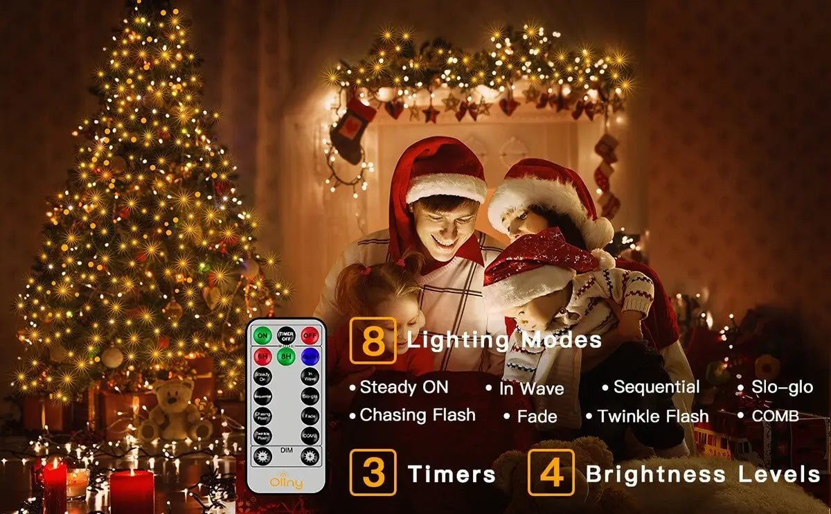 Instructions of 8 lighting modes, 3 timer functions and 4 brightness levels for Ollny 1000 leds warm white Christmas lights remote control