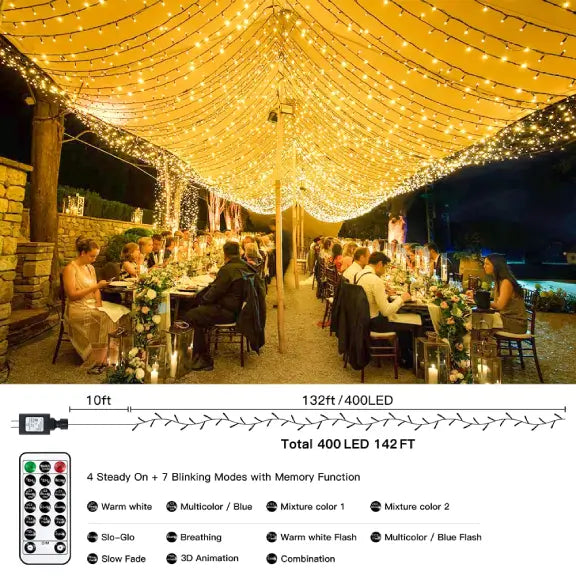 The Instructions for how to switch Ollny's 400 leds warm white/multicolor string lights 11 lighting modes with remote control