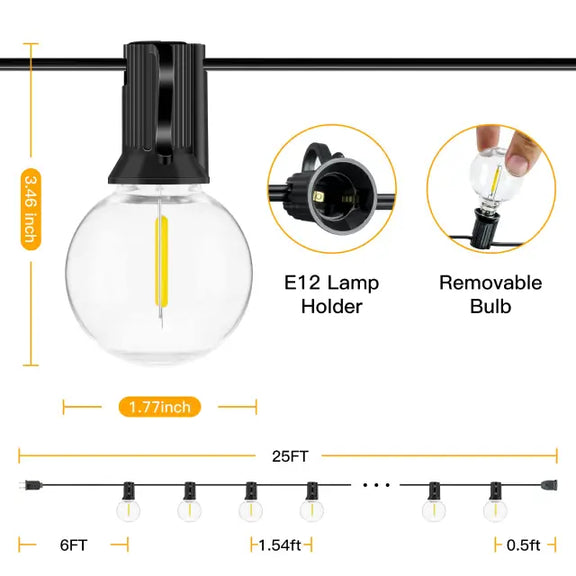 Length instructions for Ollny's 25ft G40 outdoor string lights