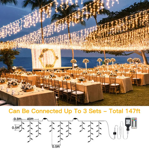 Ollny's 594 leds warm white wedding icicle lights can be connect up 3 sets - mobile size