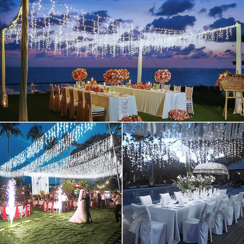 Wedding scene decorated by Ollny 594 leds cool white icicle lights - mobile size