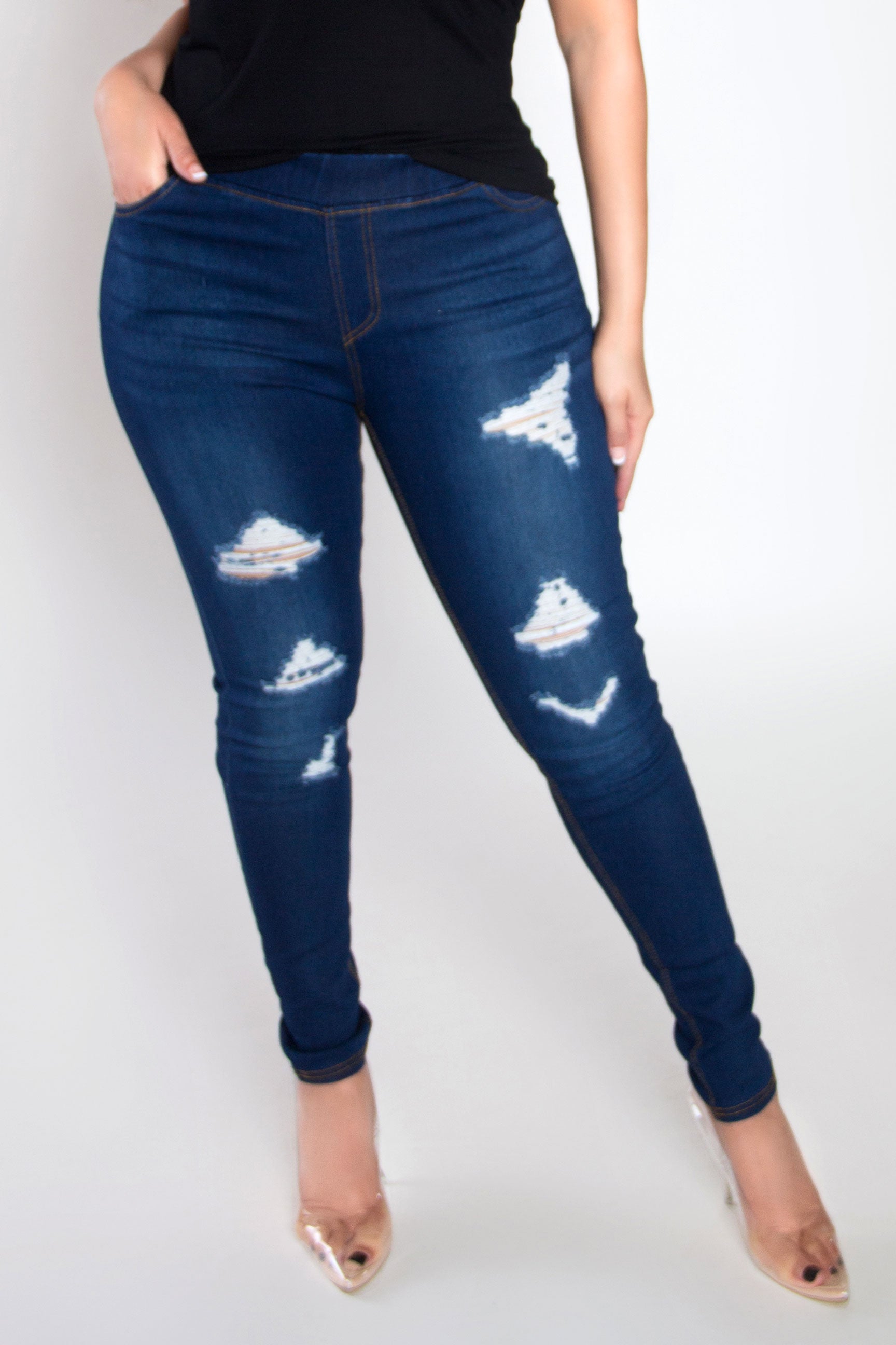 distressed pull on jeggings