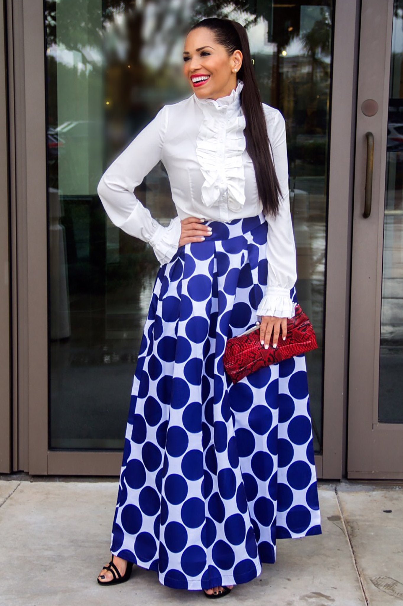 navy blue maxi skirt outfit