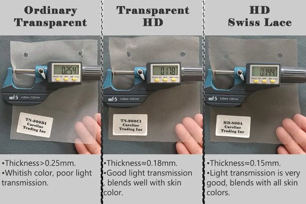 ygwigs muestra una comparación de tres tipos de encaje (encaje suizo HD, encaje HD transparente y encaje transparente ordinario).