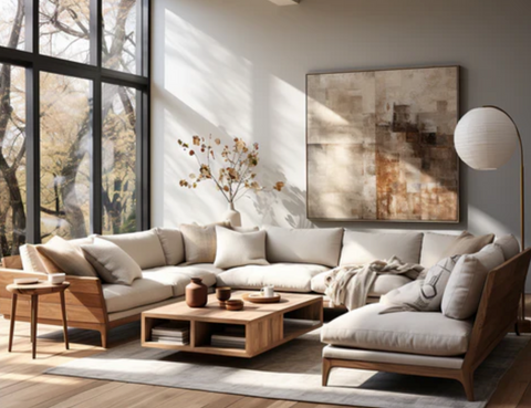 Amplio sofá de cuero de color gris delicado con cojines grandes y pequeños