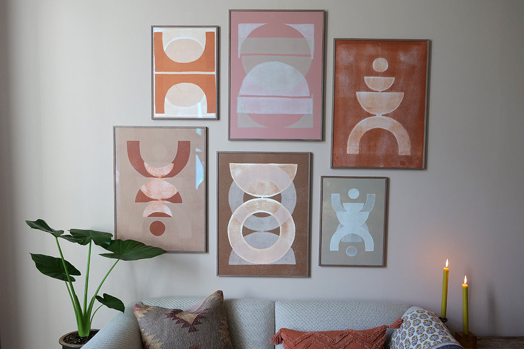 How to compose a gallery wall for a modern mid century interior. This is handmade art made by  artist that will suit an artwall. you can hang art as a duo or in a group. it will suit in a livingroom bedroom or a kitchen